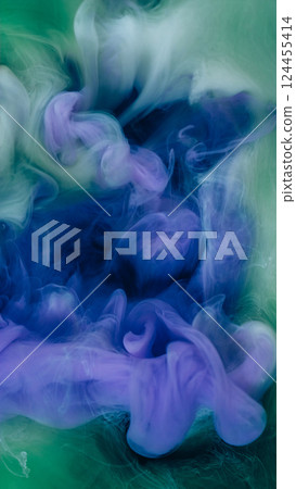 Watercolor ink. Fume splash. Violet green haze flow mix liquid texture. Blur curve stream fantasy spread on abstract black background. 124455414