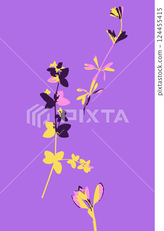 Abstract minimalist floral card with leaves and flowers. Vertical background with modern whimsical botanical design 124455415