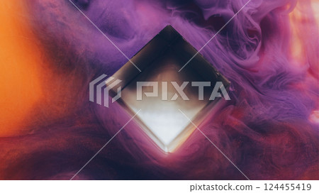 Smoke twist. Fog blend. Violet purple color stream mystic glass cube vapor. Steam paint occult fluid abstract defocused orange background. Smoke twist. Fog blend. Violet purple color stream mystic glass cube vapor. Steam paint occult fluid abstract defocused orange background. 124455419