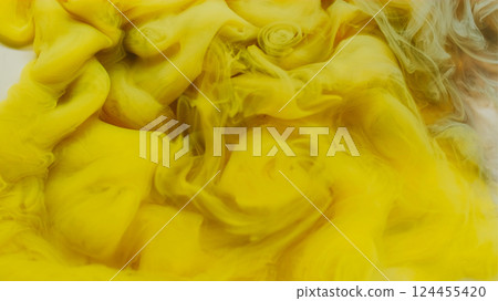Hypnotic fluid. Haze wave. Yellow liquid paint fantasy spiral smoke swirl. Dye water veil blend vivid color abstract fantasy background. Hypnotic fluid. Haze wave. Yellow liquid paint fantasy spiral smoke swirl. Dye water veil blend vivid color abstract fantasy background. 124455420