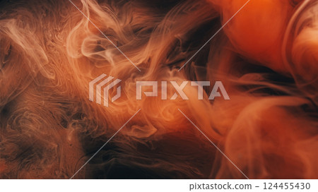 Paint steam. Dye spread. Orange fluid blow stream black mystic background. Fantasy shape abstract mist texture blur color spill liquid. Paint steam. Dye spread. Orange fluid blow stream black mystic background. Fantasy shape abstract mist texture blur color spill liquid. 124455430
