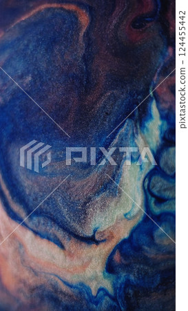 Mix color. Abstract paint. Defocused orange blue purple colorful splash water wet liquid shimmer emulsion moving on art background. 124455442