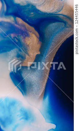 Wet texture. Acrylic wave. Defocused blue purple white colorful chemical ripple in glitter water blend on abstract art background. 124455446