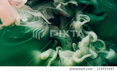 Colorful fume. Defocused flow. Mystic green ink spill abstract liquid background. Art swirl paint smoke substance mix stream underwater explosion. 124455447