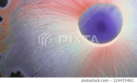 Ink spreading. Fluid splash. Defocused blue pink color blend marble round stain blotch splatter water on abstract acrylic art background. Ink spreading. Fluid splash. Defocused blue pink color blend marble round stain blotch splatter water on abstract acrylic art background. 124455462