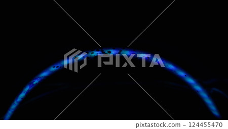Neon arch. Light rainbow. Oil paint blue luminosity round lens gleam on black liquid background. Color gasoline mix flow holographic ray. 124455470