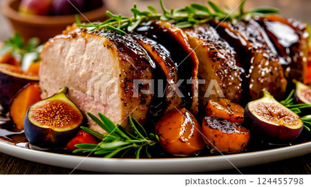 A white plate topped with sliced pork and figs 124455798