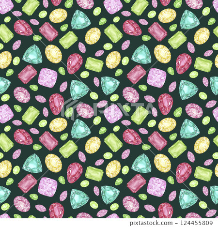 Hand drawn watercolor gemstones seamless pattern. Aquamarine citrine garnet peridot isolated on dark background. Can be used for textile, fabric and other printed products. Hand drawn watercolor gemstones seamless pattern. Aquamarine citrine garnet peridot isolated on dark background. Can be used for textile, fabric and other printed products. 124455809