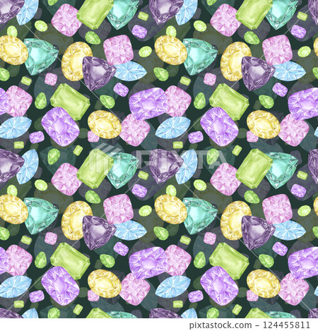 Hand drawn watercolor gemstones seamless pattern. Aquamarine citrine peridot isolated on dark background. Can be used for textile, fabric and other printed products. Hand drawn watercolor gemstones seamless pattern. Aquamarine citrine peridot isolated on dark background. Can be used for textile, fabric and other printed products. 124455811