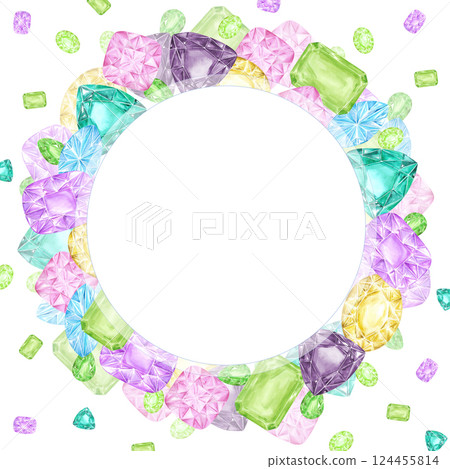 Hand drawn watercolor gemstones wreath frame border isolated on white background. Can be used for cards, scrapbook and other printed products. Hand drawn watercolor gemstones wreath frame border isolated on white background. Can be used for cards, scrapbook and other printed products. 124455814