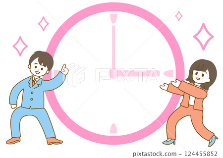 Time management/typographical illustration: A large clock and male and female businessmen Time management/typographical illustration: A large clock and male and female businessmen 124455852