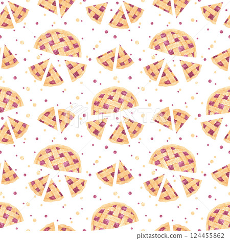 Hand drawn watercolor cut berry pie seamless pattern. Illustration of food isolated on white background. Can be used for textile, fabric, scrapbook and other printed products. Hand drawn watercolor cut berry pie seamless pattern. Illustration of food isolated on white background. Can be used for textile, fabric, scrapbook and other printed products. 124455862