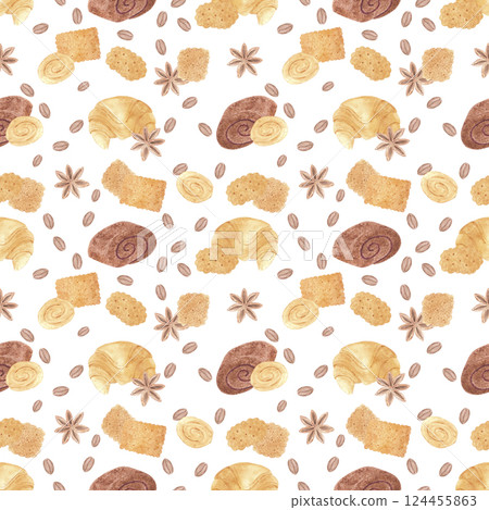 Hand drawn watercolor croissants buns cookies with coffee beans seamless pattern isolated on white background. Can be used for textile, fabric, scrapbook and other printed products. Hand drawn watercolor croissants buns cookies with coffee beans seamless pattern isolated on white background. Can be used for textile, fabric, scrapbook and other printed products. 124455863