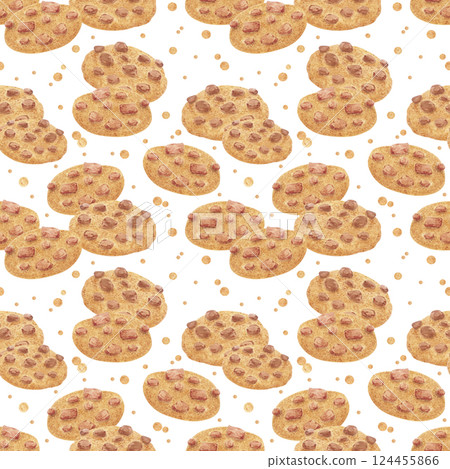 Hand drawn watercolor chocolate biscuits with confetti seamless pattern isolated on white background. Can be used for textile, fabric, scrapbook and other printed products. Hand drawn watercolor chocolate biscuits with confetti seamless pattern isolated on white background. Can be used for textile, fabric, scrapbook and other printed products. 124455866