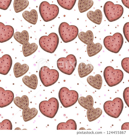 Hand drawn watercolor heart biscuits with confetti seamless pattern isolated on white background. Can be used for textile, fabric, scrapbook and other printed products. Hand drawn watercolor heart biscuits with confetti seamless pattern isolated on white background. Can be used for textile, fabric, scrapbook and other printed products. 124455867