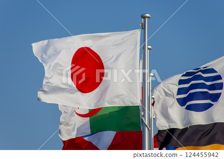 The Japanese flag and the flag of the Bureau of International Exhibitions 124455942