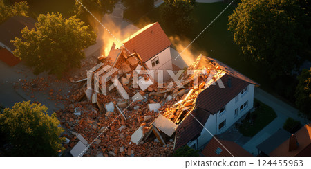 Aerial view of collapsed house with debris and dust illuminated by sunlight 124455963
