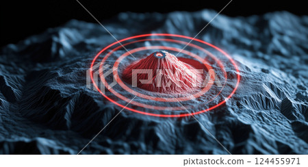 glowing red volcano surrounded by seismic waves on dark, textured terrain 124455971