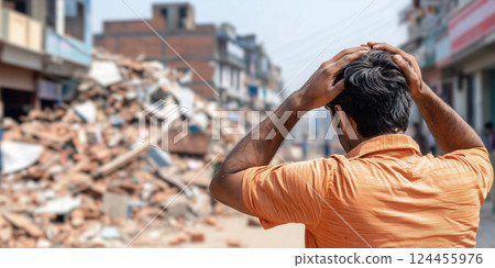 man in distress stands before pile of rubble after earthquake, reflecting chaos 124455976
