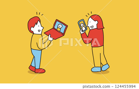 Illustration of people watching video calls, live commerce, live broadcasts, etc. Illustration of people watching video calls, live commerce, live broadcasts, etc. 124455994