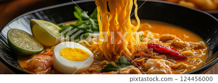 Close-up of chopsticks lifting noodles from a bowl of spicy prawn mee rebus soup, garnished with fresh coriander, lime, and a boiled egg Close-up of chopsticks lifting noodles from a bowl of spicy prawn mee rebus soup, garnished with fresh coriander, lime, and a boiled egg 124456000