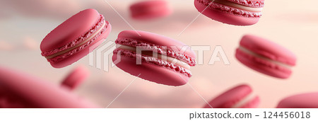 Pink macarons are suspended in mid-air against a pastel background, creating a visually appealing image with a focus on the texture and color of these delicate french pastries Pink macarons are suspended in mid-air against a pastel background, creating a visually appealing image with a focus on the texture and color of these delicate french pastries 124456018