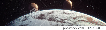 Icy planet rotating around a star with other planets and a starry night sky in the background 124456019