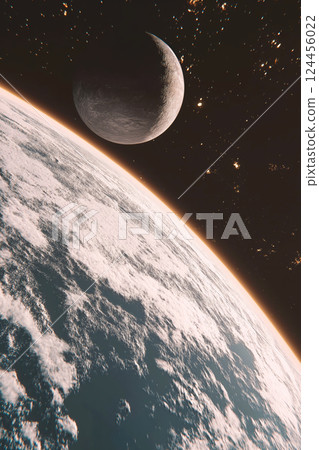 Icy planet rotating around a star with other planets and a starry night sky in the background 124456022