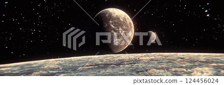 Icy planet rotating around a star with other planets and a starry night sky in the background 124456024
