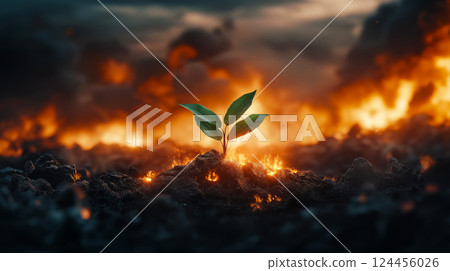 Green plant surviving in burned soil in the war zone with fire burning in the background, symbolizing hope and resilience Green plant surviving in burned soil in the war zone with fire burning in the background, symbolizing hope and resilience 124456026