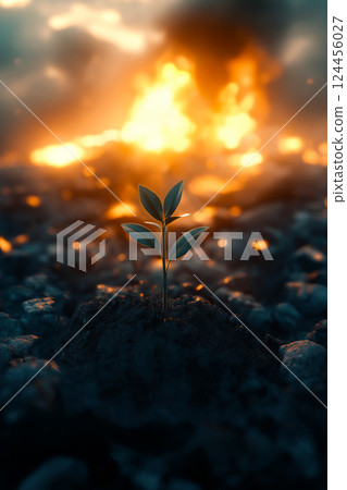 Green plant surviving in burned soil in the war zone with fire burning in the background, symbolizing hope and resilience Green plant surviving in burned soil in the war zone with fire burning in the background, symbolizing hope and resilience 124456027