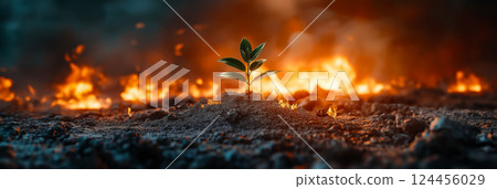 Green plant surviving in burned soil in the war zone with fire burning in the background, symbolizing hope and resilience 124456029