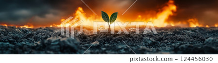 Green plant surviving in burned soil in the war zone with fire burning in the background, symbolizing hope and resilience 124456030