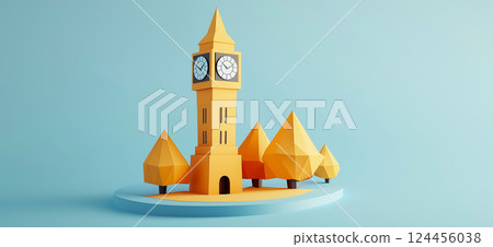 Big Ben. 3D rendering of Big Ben in London in simple low poly origami style, web banner with copy space Big Ben. 3D rendering of Big Ben in London in simple low poly origami style, web banner with copy space 124456038