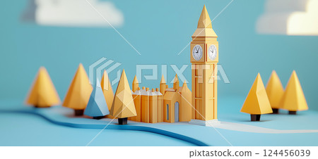 Big Ben. 3D rendering of Big Ben in London in simple low poly origami style, web banner with copy space Big Ben. 3D rendering of Big Ben in London in simple low poly origami style, web banner with copy space 124456039
