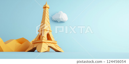 Eiffel Tower. 3D rendering of Eiffel Tower in Paris simple low poly origami style, web banner with copy space 124456054