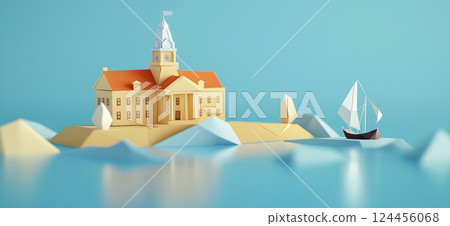 Independence Hall. 3D rendering of Independence Hall in Philadelphia simple low poly origami style, web banner with copy space 124456068
