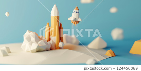 Kennedy Space Center. 3D rendering of Kennedy Space Center simple low poly origami style, web banner with copy space 124456069
