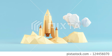 Kennedy Space Center. 3D rendering of Kennedy Space Center simple low poly origami style, web banner with copy space Kennedy Space Center. 3D rendering of Kennedy Space Center simple low poly origami style, web banner with copy space 124456070