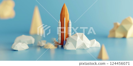 Kennedy Space Center. 3D rendering of Kennedy Space Center simple low poly origami style, web banner with copy space Kennedy Space Center. 3D rendering of Kennedy Space Center simple low poly origami style, web banner with copy space 124456071