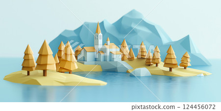Lake Bled. 3D rendering of Lake Bled in Slovenia simple low poly origami style, web banner with copy space Lake Bled. 3D rendering of Lake Bled in Slovenia simple low poly origami style, web banner with copy space 124456072