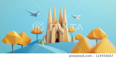 Sagrada Familia. 3D rendering of Sagrada Familia simple low poly origami style, web banner with copy space 124456087