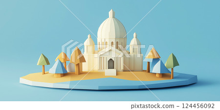 Saint Peters Basilica. 3D rendering of St. Peter's Basilica simple low poly origami style, web banner with copy space 124456092