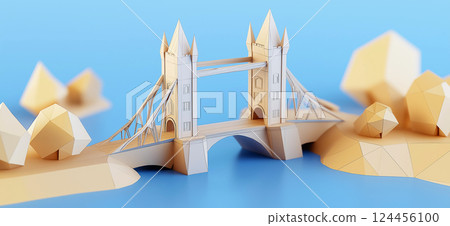 Tower Bridge. 3D rendering of Tower Bridge in London simple low poly origami style, web banner with copy space 124456100