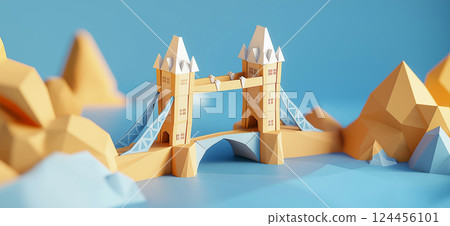 Tower Bridge. 3D rendering of Tower Bridge in London simple low poly origami style, web banner with copy space 124456101