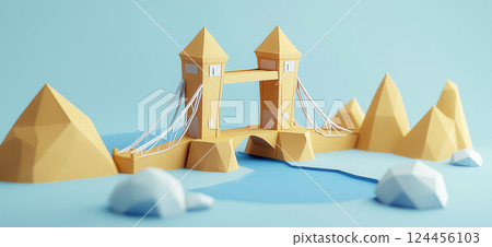 Tower Bridge. 3D rendering of Tower Bridge in London simple low poly origami style, web banner with copy space 124456103