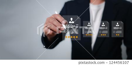 Check resume, Screen employee information, Job applicants, Hr, HRM, Human resources management concept, Employees must complete the online survey form, Answer the test questions, Evaluate employees. Check resume, Screen employee information, Job applicants, Hr, HRM, Human resources management concept, Employees must complete the online survey form, Answer the test questions, Evaluate employees. 124456107