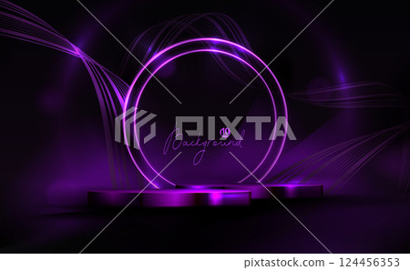 Purple illustration with round frame and podium and ribbons Purple illustration with round frame and podium and ribbons 124456353
