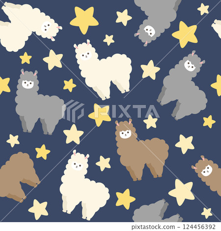 Cute and relaxed alpaca seamless pattern - Starry sky 124456392