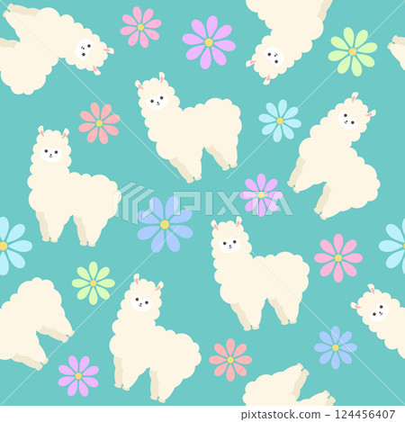 可愛輕鬆的羊駝無縫圖案與花朵 124456407